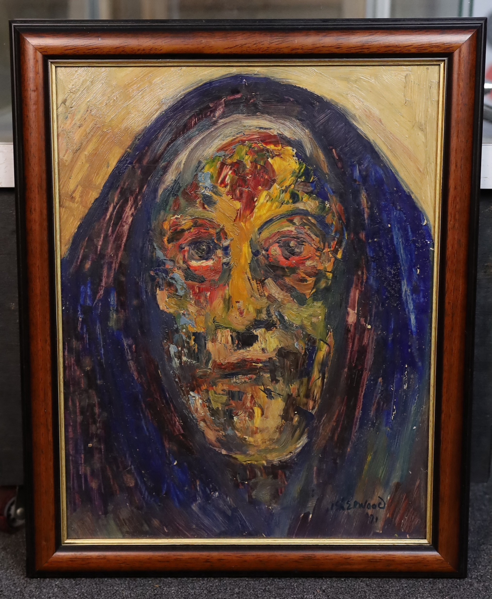 James Lawrence Isherwood (British, 1917- 1989), 'Old Wigan Woman', oil on board, 44 x 34cm